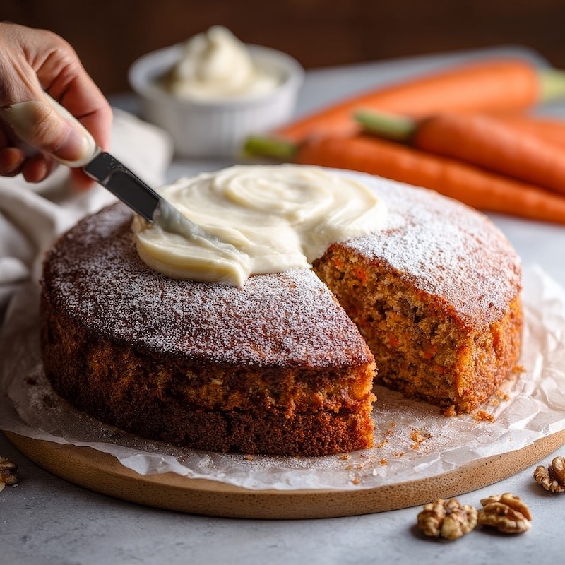 One bowl carrot cake with cream cheese frosting being applied