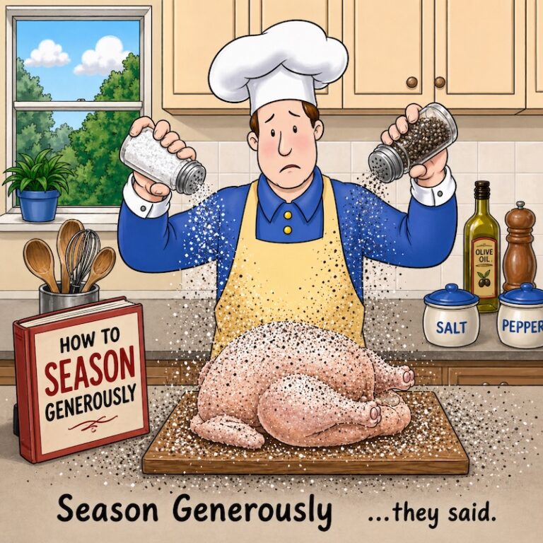 A funny cooking cartoon depicting the Reluctant Gourmet seasoning a chicken with salt and pepper
