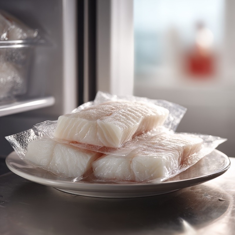 Frozen Halibut Defrosting in the Refrigerator