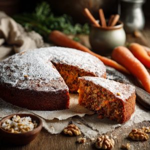 A rustic homemade carrot cake on a wooden table sliced to reveal a moist, tender crumb packed with finely grated carrots