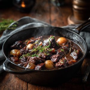 Classic French boeuf bourguignon in a rustic cast iron Dutch oven.