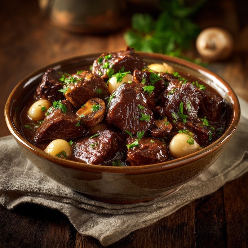 Rustic bowl of Boeuf Bourguignon.