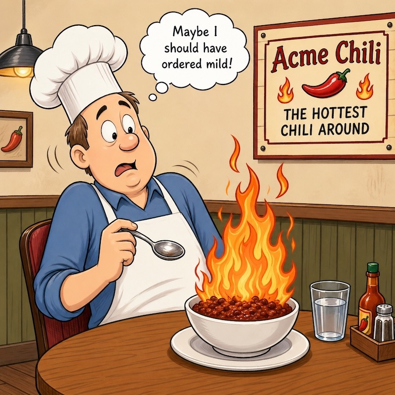 A cartoon depicting the Reluctant Gourmet eating hot chile at a restaurant
