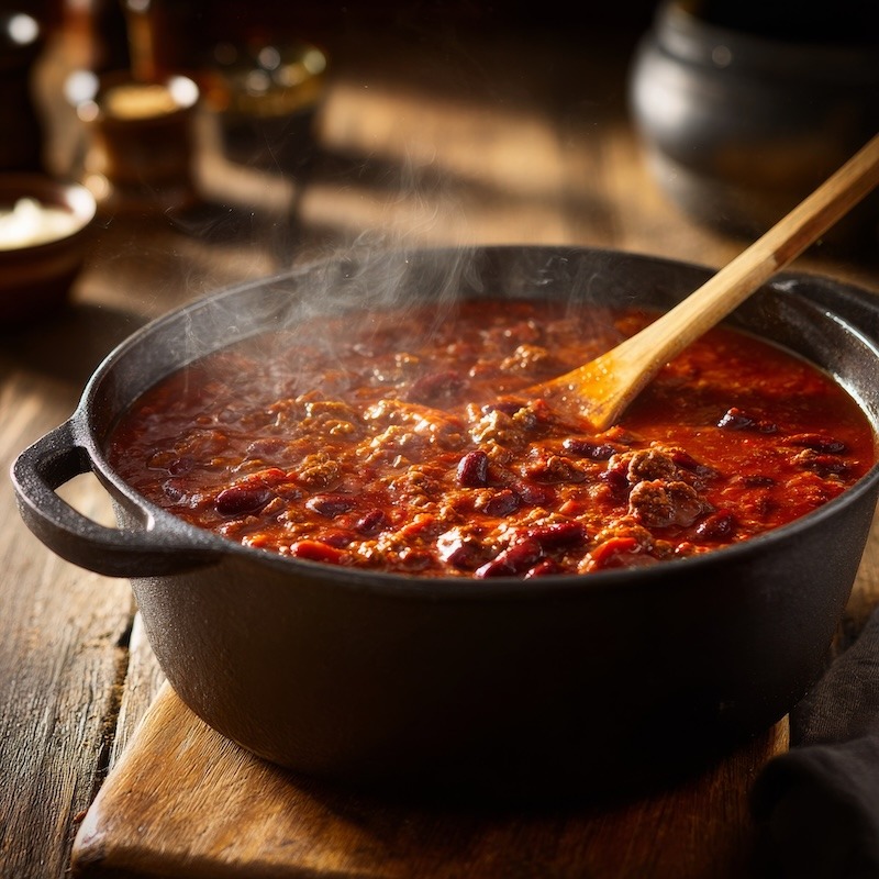 Classic chili con carne simmering in a heavy cast-iron Dutch oven.