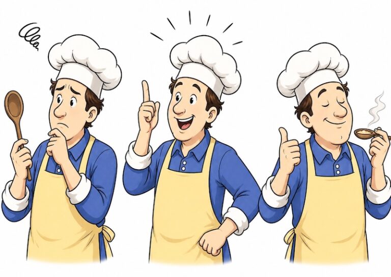 A chartoon depicting a cooking problem, an idea, and solution