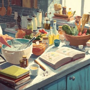 A cozy, sunlit home kitchen filled with fresh ingredients on the counter, cookbooks open, measuring cups and spoons neatly arranged.