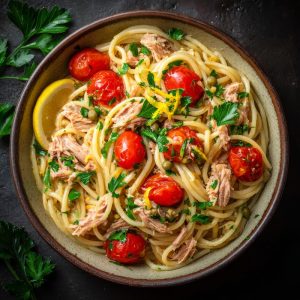 Bowl of Italian Pasta al Tonno, spaghetti coated in olive oil and flaked tuna, cherry tomatoes, capers, fresh parsley.