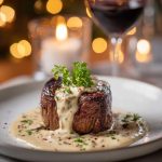 A beautifully plated Steak Diane on a white elegant plate, creamy cognac sauce drizzled over a perfectly seared steak, garnished with fresh parsley.