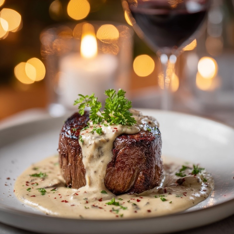 A beautifully plated Steak Diane on a white elegant plate, creamy cognac sauce drizzled over a perfectly seared steak, garnished with fresh parsley.