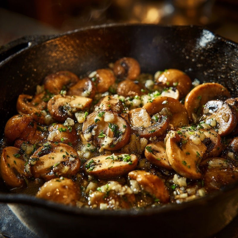 Wild mushrooms sauteeing in butter with finely chopped shallots and garlic in a cast iron pan.