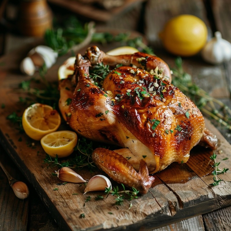 A cooked golden roasted chicken on a rustic wooden cutting board