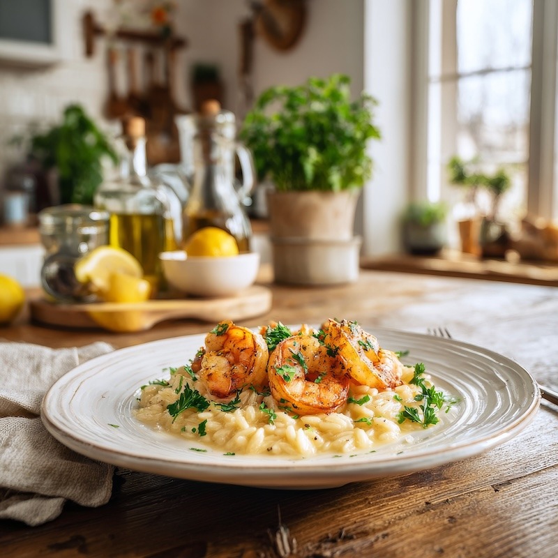 Lemon-garlic shrimp orzo on a white ceramic plate, with plump, golden shrimp arranged atop creamy orzo