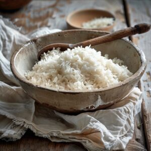 a bowl of fluffy white rice, a wooden spoon, a linen cloth