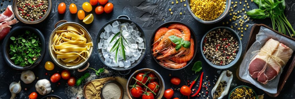 photography of ingredients for cooking, overhead view of bowls of grains, fresh pasta, seafood on ice, cuts of meat
