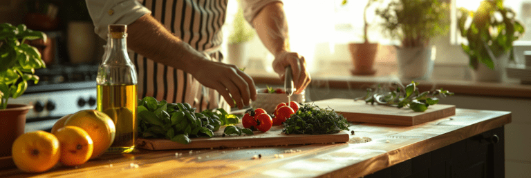 home cook preparing food at a clean wooden countertop, simple ingredients neatly arranged