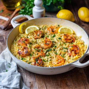Creamy one-pot lemon-garlic shrimp orzo, featuring plump, juicy shrimp lightly seared, tender golden orzo pasta