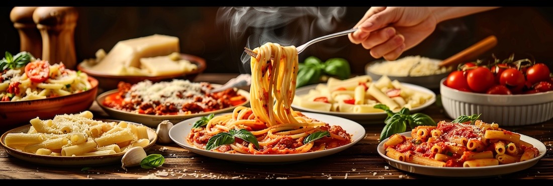multiple pasta dishes arranged across a rustic wooden table