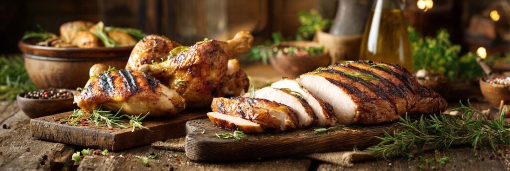 roasted chicken, grilled chicken thighs, and sliced turkey on a wooden table