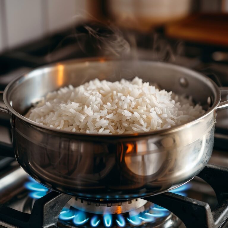white rice cooking in a stainless steel saucepan on a gas stove