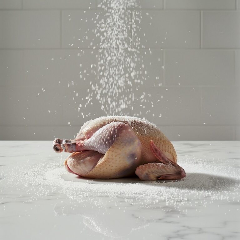 A raw whole chicken on a clean surface, fine salt sprinkling from above