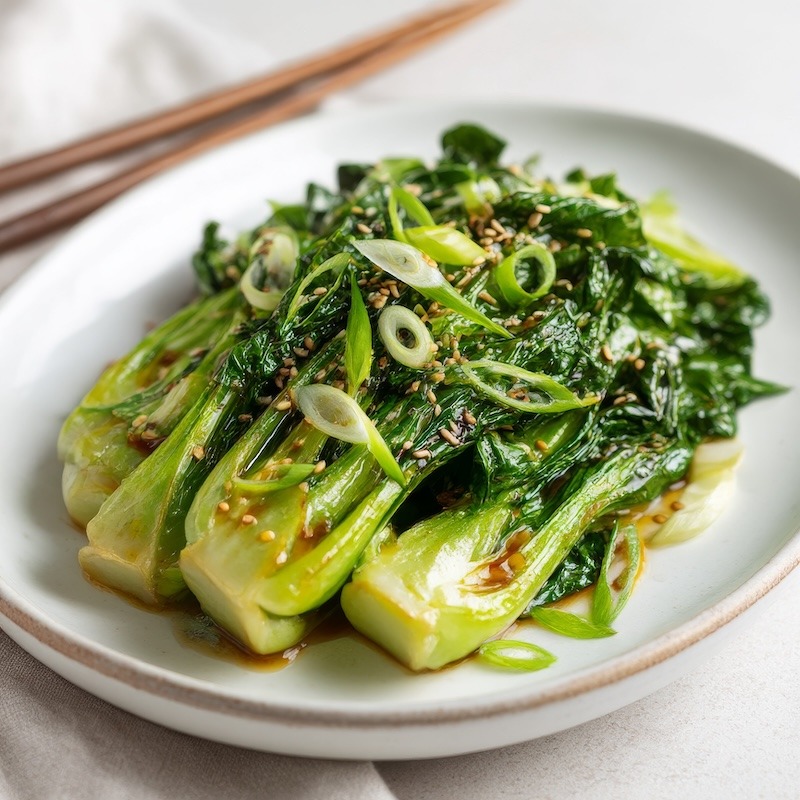 Sautéed baby bok choy side dish on a white ceramic plate.