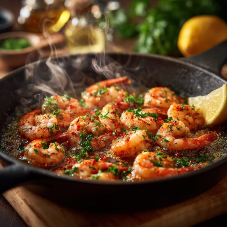 shrimp sizzling in a hot skillet,
