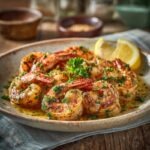 Spicy Garlic Butter Shrimp beautifully plated on a rustic home-style plate