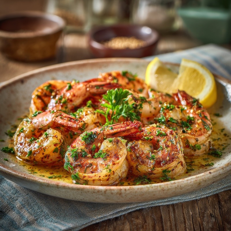 Spicy Garlic Butter Shrimp beautifully plated on a rustic home-style plate