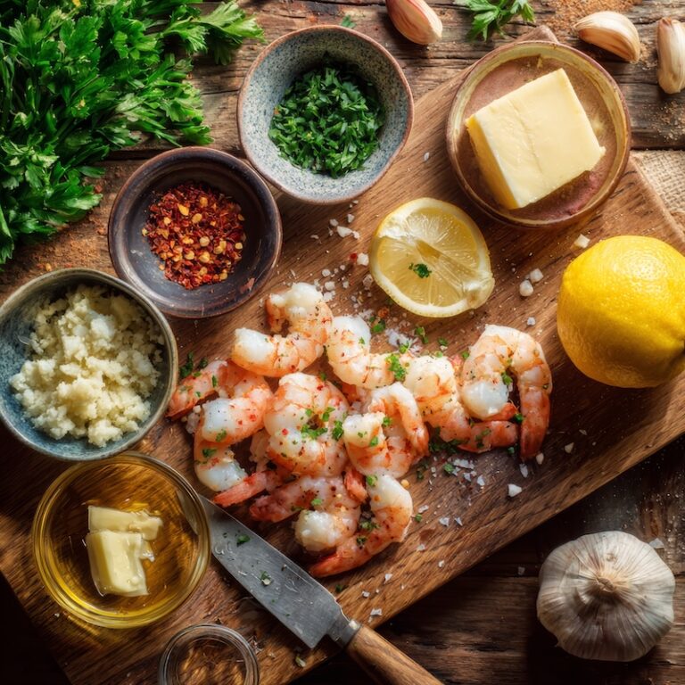 ingredients for Spicy Garlic Butter Shrimp on a wooden cutting board