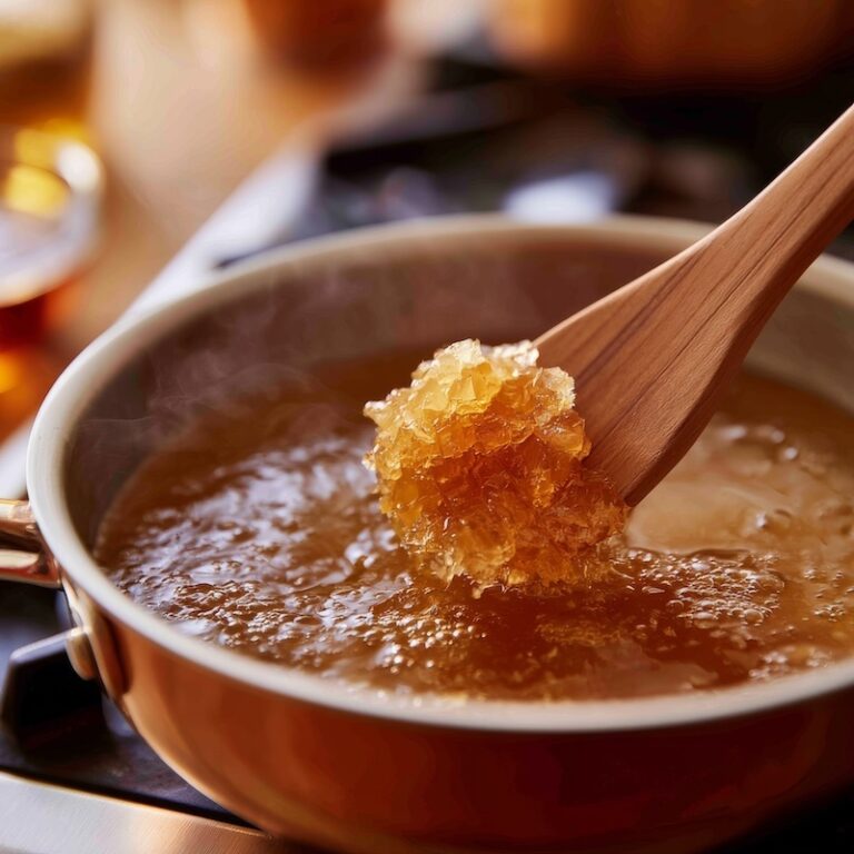 bloomed gelatin being stirred into hot reduced stock in a saucepan