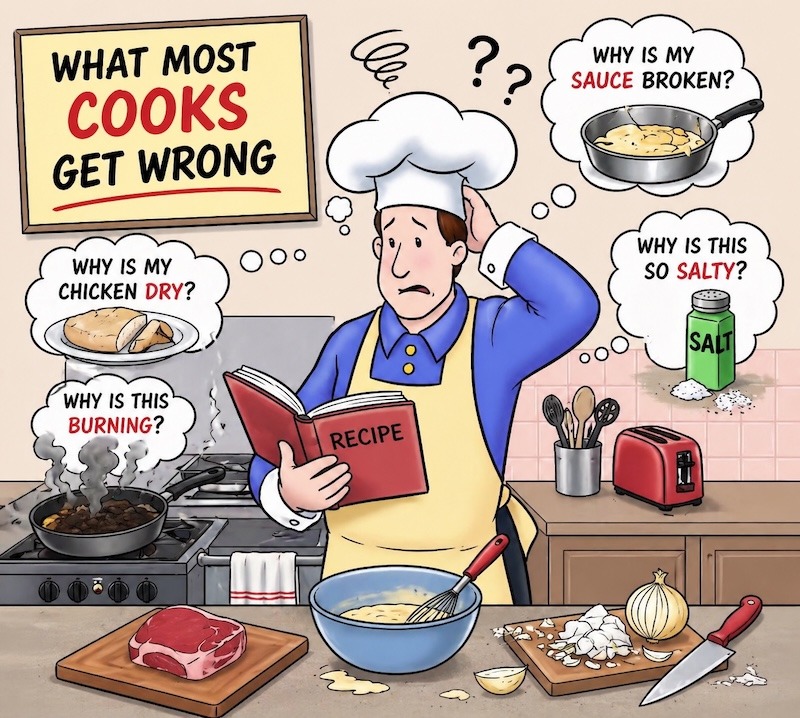 Frustrated cook making common mistakes
