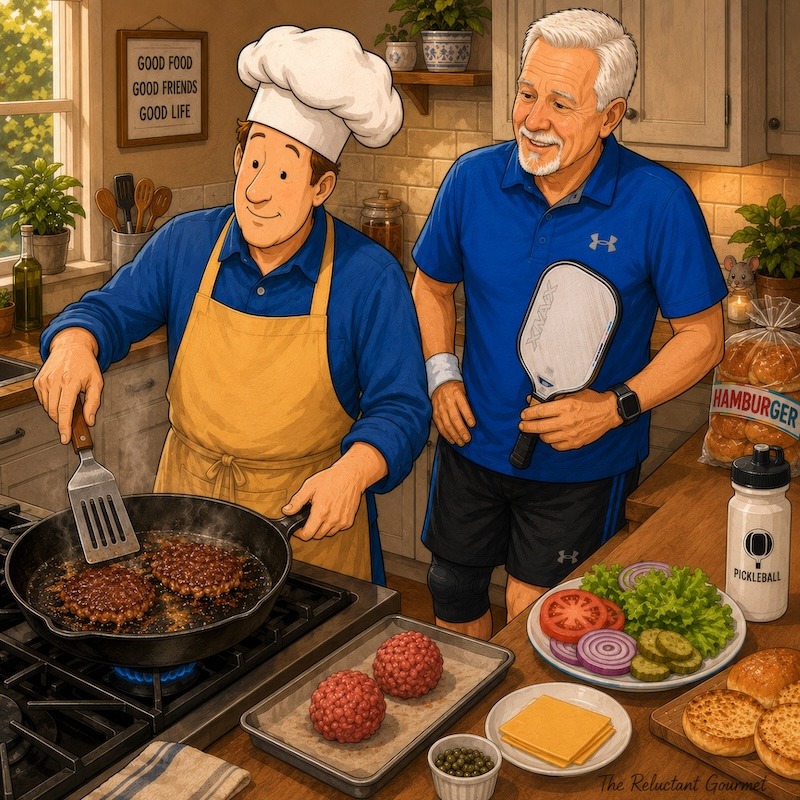 A cartoon of RG and a pickleball friend preparing smash burgers.