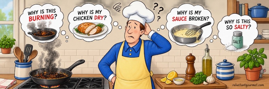 Frustrated cook making common mistakes.