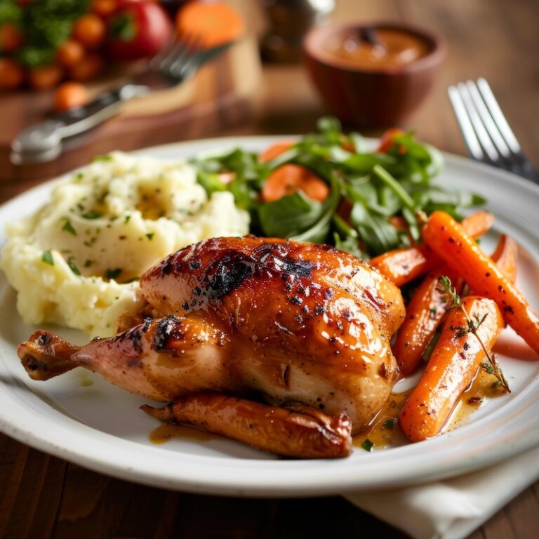 A roast chicken dinner plated on a clean white ceramic plate