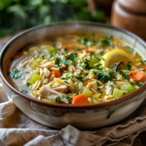 A bowl of chicken orzo soup, golden broth with tender shredded chicken