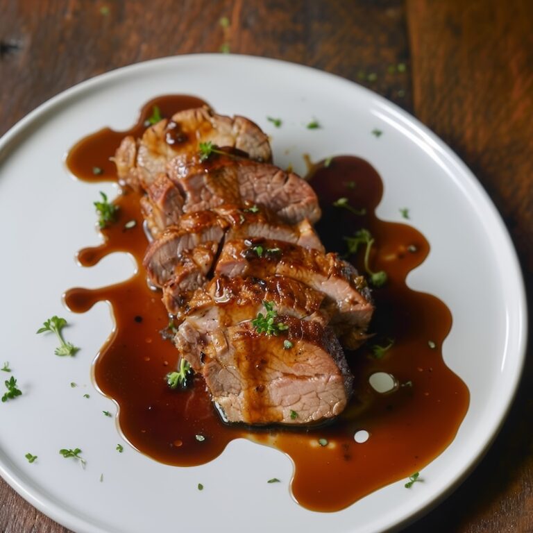 sliced roasted pork tenderloin arranged on a white plate with rich brown sauce drizzled over