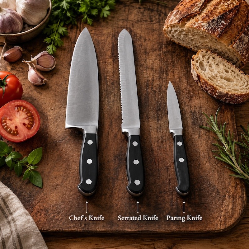 A chef's, serrated and paring knife on a wooden cutting board