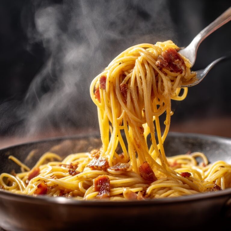 Spaghetti carbonara being tossed with guanciale