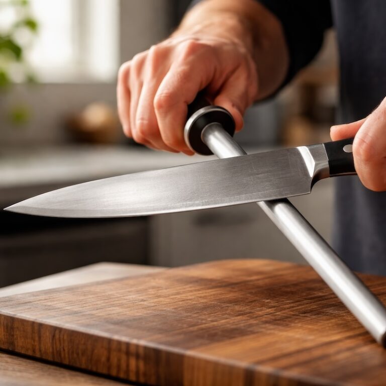 A person honing a kitchen knife using a steel