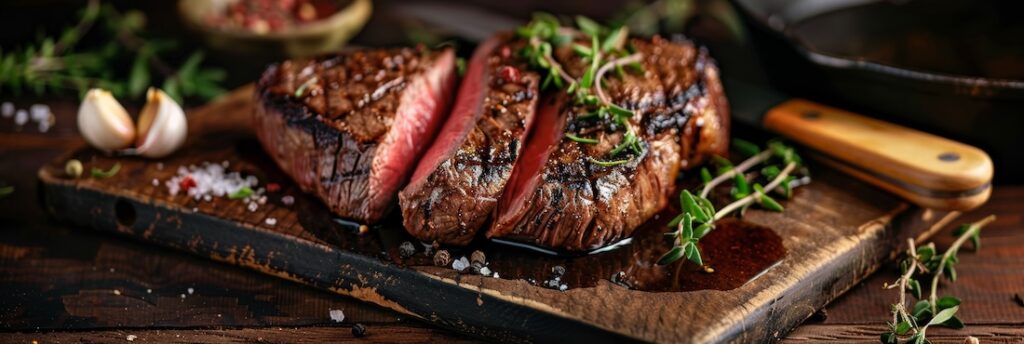 perfectly seared steak sliced on a rustic wooden cutting board