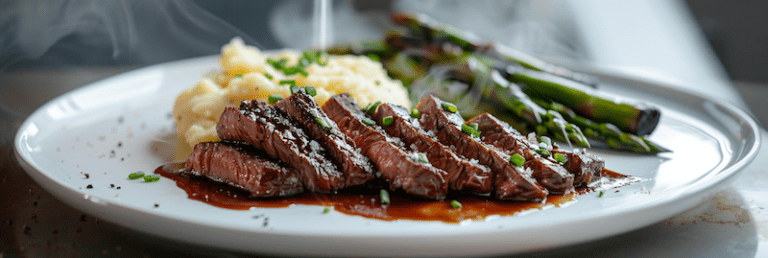 A plate of sliced steak, mashed potatoes, and grilled asparagus with demi glace sauce