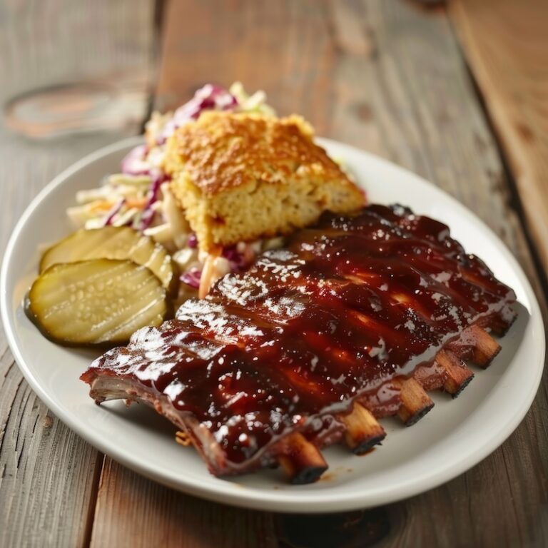 BBQ ribs plated on a clean white ceramic plate