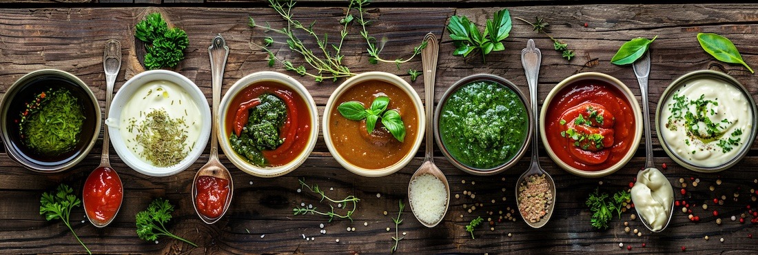 multiple small dishes with different sauces