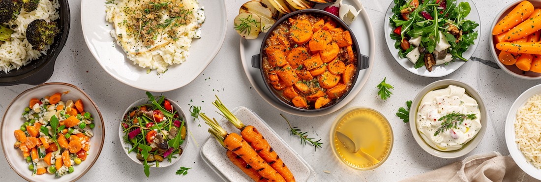 An assortment of gourmet side dishes arranged on a modern table