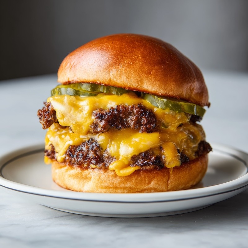 double smash burger with melted cheese, crispy edges