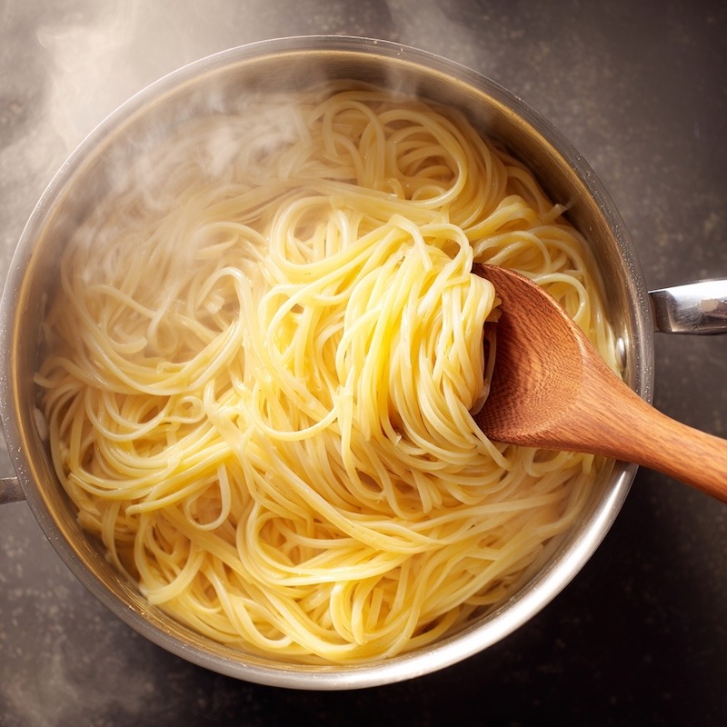 linguini simmering in a stock pot, wooden spoon lifting strands