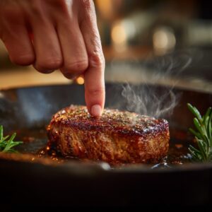 A steak being tested for doneness by touch, finger gently pressing center of seared steak