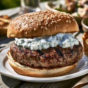 A grilled lamb burger topped generously with tzatziki sauce on a bun