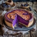 Basque cheesecake, deeply caramelized almost burnt top with dramatic cracks