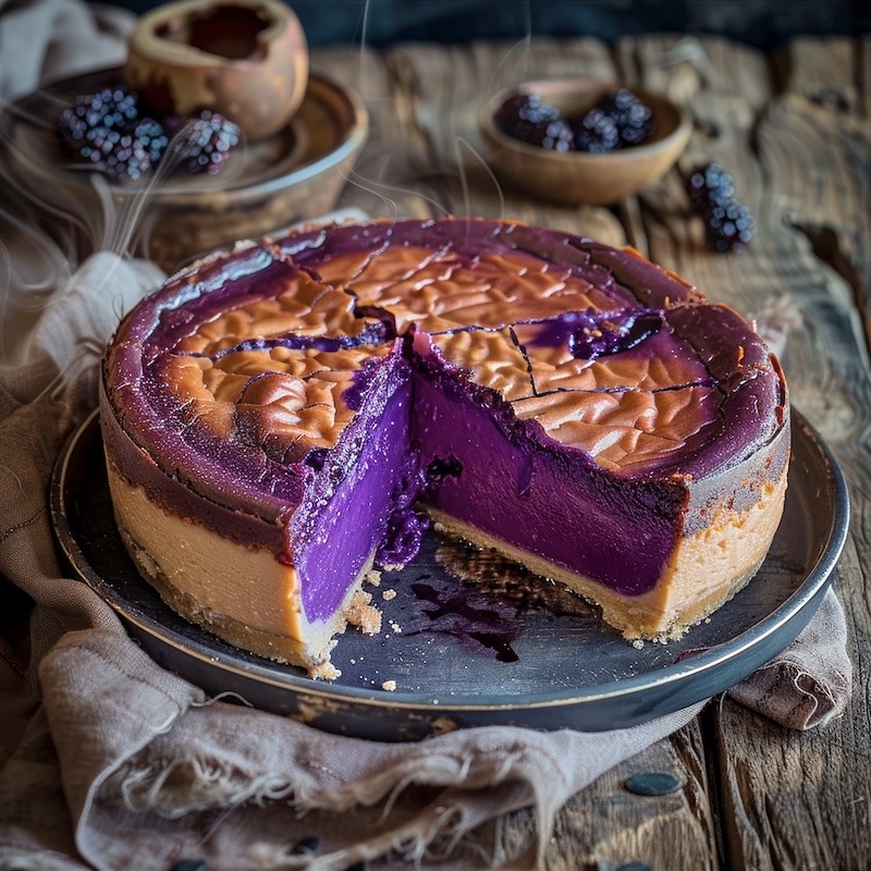 Basque cheesecake, deeply caramelized almost burnt top with dramatic cracks